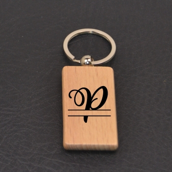 Key ring wood rectangular with monogram P